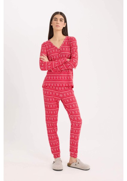 Pijama Takımı Waffle Kumaş Uzun Kollu Üst Beli Lastikli Uzun Alt-Fall in Love D2284AX24WN fiyatları