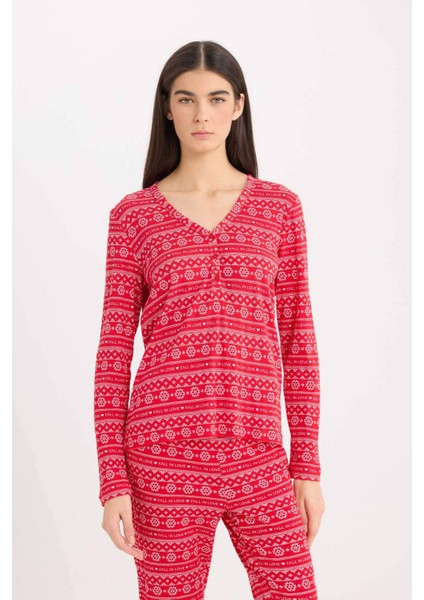 Pijama Takımı Waffle Kumaş Uzun Kollu Üst Beli Lastikli Uzun Alt-Fall in Love D2284AX24WN fırsatları