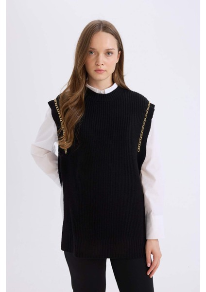 Yarım Balıkçı Yaka Basic Düz Yan Yırtmaçlı Triko Süveter D5022AX24AU fırsatları