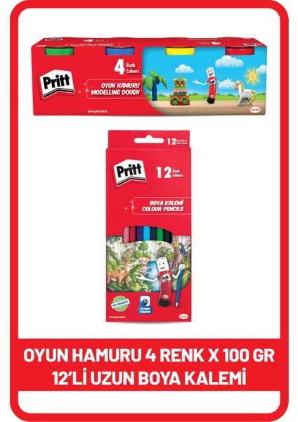 12'li Uzun Kuru Boya Kalemi + Pritt Oyun Hamuru 4 Renk x 100 gr