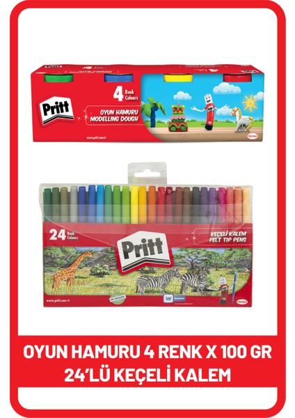 24'lü Keçeli Kalem + Pritt Oyun Hamuru 4 Renk x 100 gr