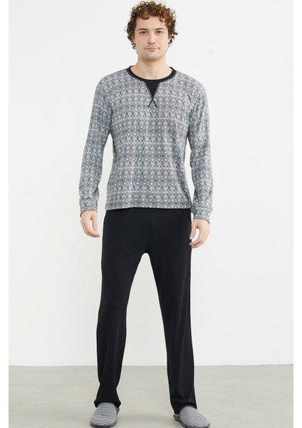 Sıfır Yaka Desenli Rahat Kalıp Pijama Takım - Antrasit fiyatları