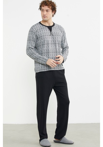 Sıfır Yaka Desenli Rahat Kalıp Pijama Takım - Antrasit modelleri