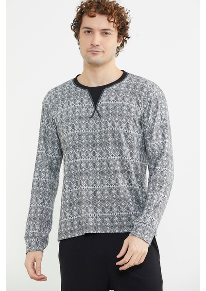 Sıfır Yaka Desenli Rahat Kalıp Pijama Takım - Antrasit fırsatları