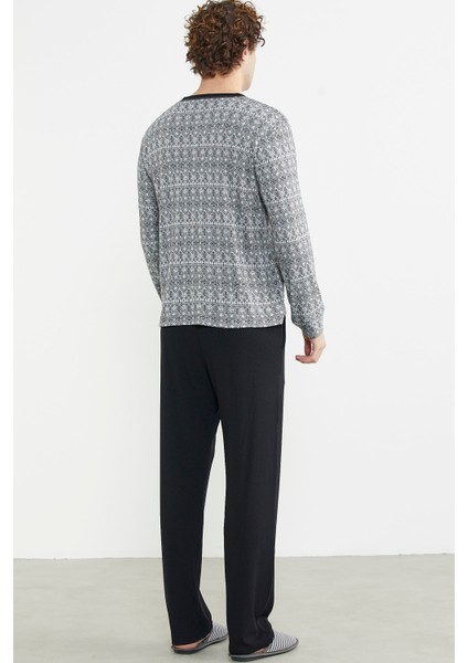 Sıfır Yaka Desenli Rahat Kalıp Pijama Takım - Antrasit indirimleri