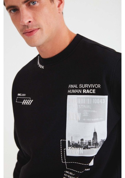 Ffomo Erkek Çok Pozisyonlu Baskılı Büyük Süs Etiketli Içi Polarlı Siyah Sweatshirt fiyatları