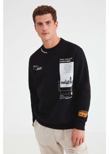 Ffomo Erkek Çok Pozisyonlu Baskılı Büyük Süs Etiketli Içi Polarlı Siyah Sweatshirt modelleri