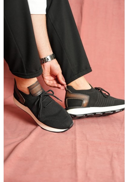 Leonidas Model Deri Triko Erkek Siyah Sneaker