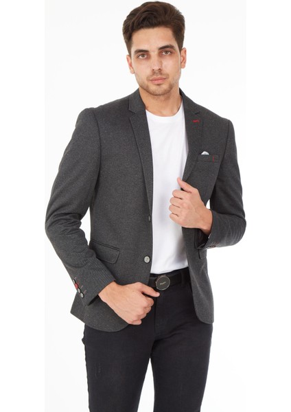 5112 Dar Kalıp Örme Kumaş Siyah Erkek Blazer Ceket