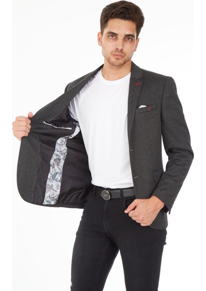 5112 Dar Kalıp Örme Kumaş Siyah Erkek Blazer Ceket