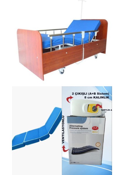 2 Motorlu Ahşap Hasta Karyolası + 4 Parçalı Yatak+ A+B Sistemli 8 Cm Boru Tipi Havalı Yatak Takım