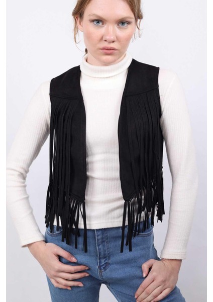 5019 Püskül Detay Yelek Siyah modelleri