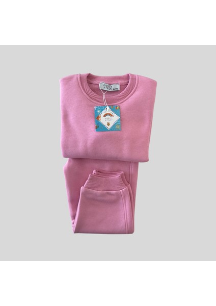 3 Iplik Şardonlu Unisex Basic Pembe Bebek Eşofman Takımı