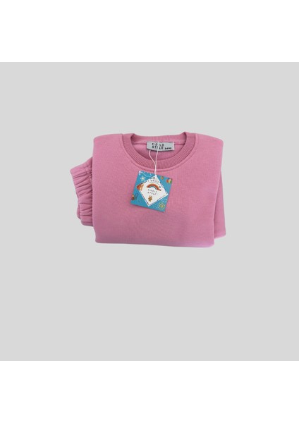 3 Iplik Şardonlu Unisex Basic Pembe Bebek Eşofman Takımı