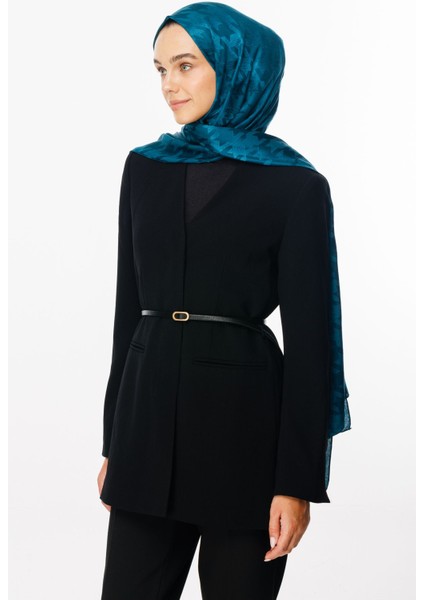 Petrol Mavisi Kazayağı Desen Parlak Jakar Şal modelleri