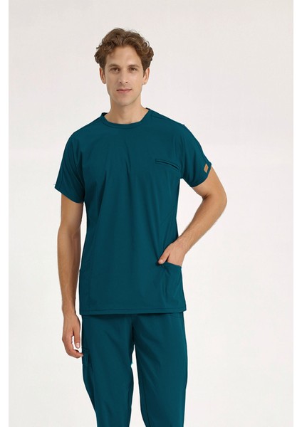 Tek Üst Bisiklet Yaka Likralı Doktor ve Hemşire Forması Cerrahi Forma Petrol Yeşili | Brl Bagel