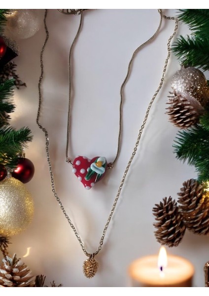 Yeni Yıl Tasarımlı, Yılbaşı Kalp Murano ve Çam Kozalak Kadın Kolye