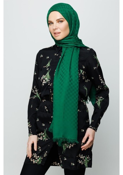 Koyu Benetton Yeşili Kare Desen Pamuk Jakar Şal