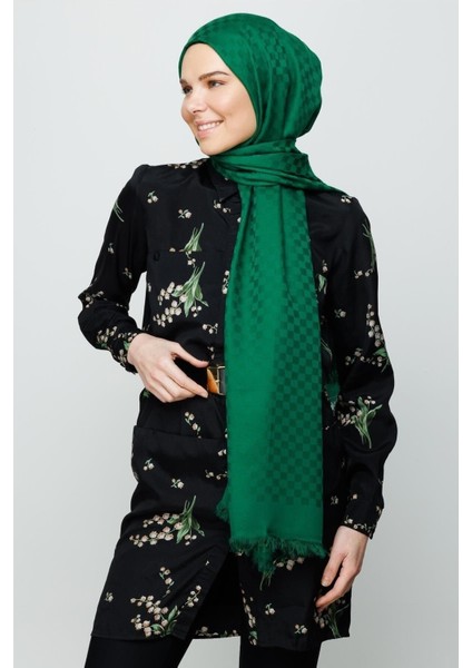 Koyu Benetton Yeşili Kare Desen Pamuk Jakar Şal modelleri