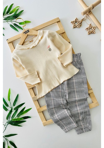 Çiçek Işleme Yaka Fırfırlı Ekose Desenli Kız Çocuk 2 li takım - Yavruağzı