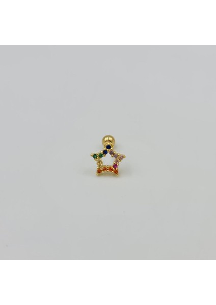 Cerrahi Çelik Renkli Taşlı Yıldız Detaylı Küpe Tragus Helix Kıkırdak Piercing