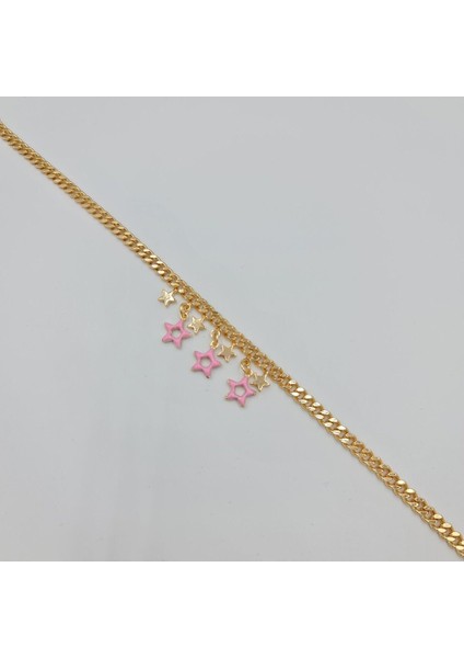 Vıp Çelik Pembe Yıldızlı Zincir Halhal Bileklik