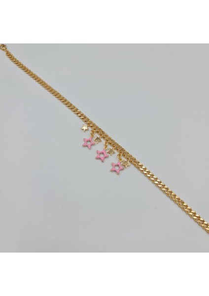 Vıp Çelik Pembe Yıldızlı Zincir Halhal Bileklik modelleri