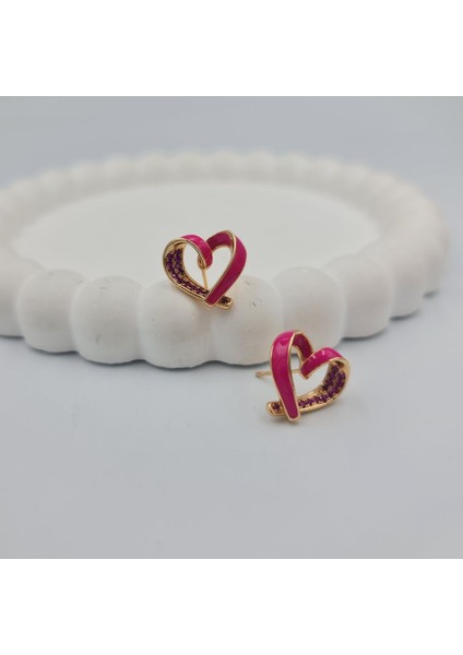 Pembe Taşlı Kalp Kadın Çivi Küpe modelleri
