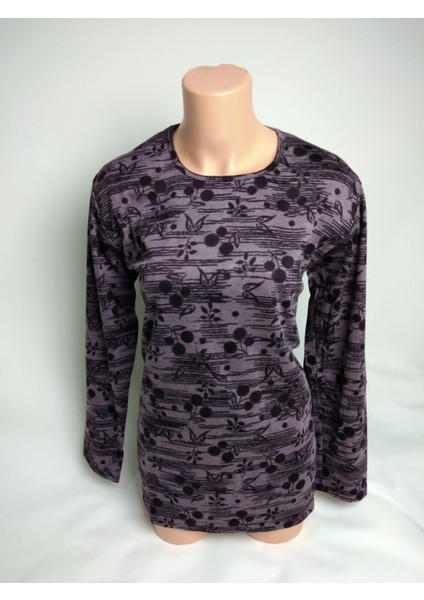 Kadın Lila Desenli Bisiklet Yaka Uzun Kollu Yanları Yırtmaçlı Mevsimlik Lizy Anne Penye Tişört Bluz