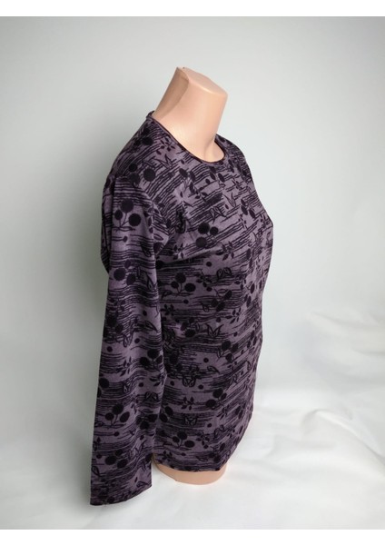 Kadın Lila Desenli Bisiklet Yaka Uzun Kollu Yanları Yırtmaçlı Mevsimlik Lizy Anne Penye Tişört Bluz fiyatları