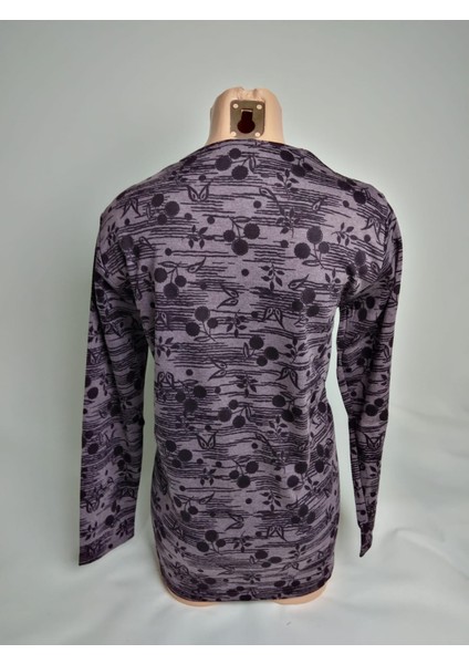 Kadın Lila Desenli Bisiklet Yaka Uzun Kollu Yanları Yırtmaçlı Mevsimlik Lizy Anne Penye Tişört Bluz modelleri