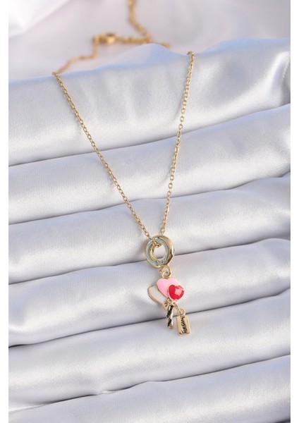316L Çelik Gold Renk Renkli Kalp Figür Charm Model Kadın Kolye - TJ-BKO9320