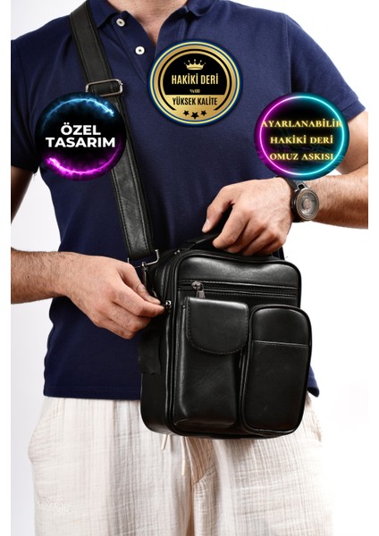 Erkek Siyah Hakiki Deri Çift Ön Cepli Erkek El ve Omuz Çantası