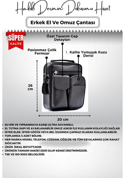 Erkek Siyah Hakiki Deri Çift Ön Cepli Erkek El ve Omuz Çantası