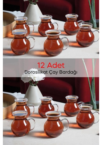 12'li Keyfi Ala Borosilikat Cam Bardak Takımı Isıya Dayanıklı Kulplu Çay Fincanı Bardağı Seti