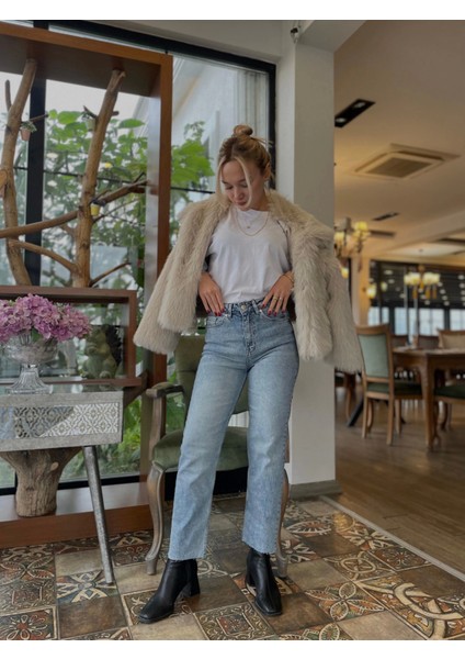 Kadın Kesik Paça Jean Mavi