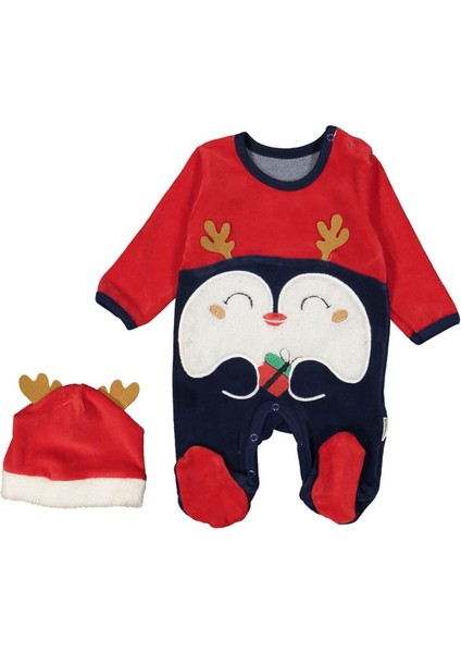 Kırmızı Lacivert Noel Penguenli Patikli Kadife Tulum - 1012649