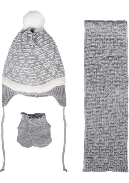 Gri Beyaz Karışık Çizgi Desenli Triko Atkı Bere Set - 1012265