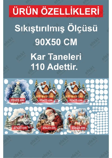 Yılbaşı Karlı Evler Nostaljik Tren-Noel Baba ve Kar Taneleri Sticker Seti