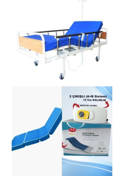2 Motorlu Mdf Başlıklı Tabanca Korkuluklu Hasta Karyolası + 4 Parçalı Yatak+ A+B Sistemli 12 Cm Boru Tipi Havalı Yatak Takım