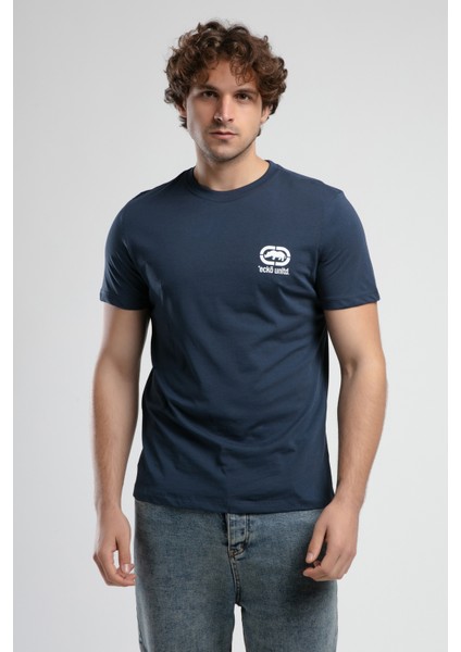 Corınth Lacivert Bisiklet Yaka Baskılı Standard Fit Erkek Tshirt