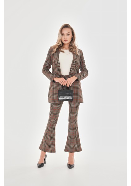 Isawella Likralı Ispanyol Paça Ekose Pantolon - Kırmızı