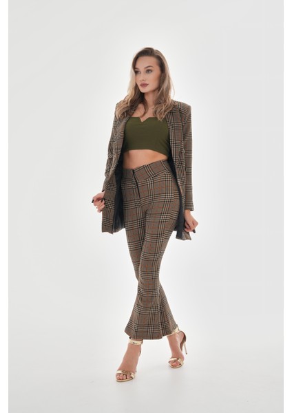 Isawella Likralı Ispanyol Paça Ekose Pantolon - Vizon