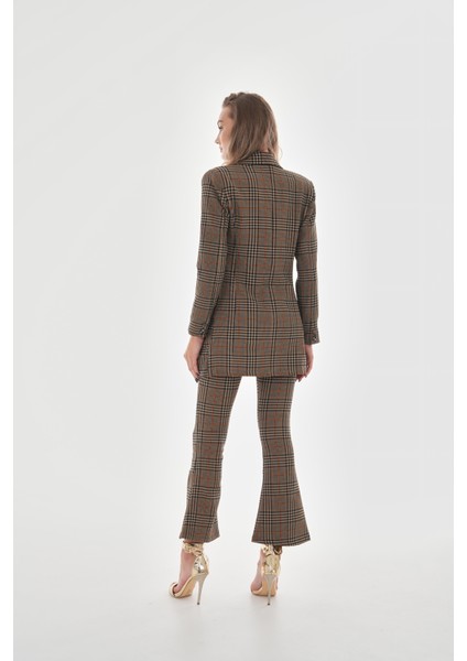 Isawella Likralı Ispanyol Paça Ekose Pantolon - Vizon fırsatları