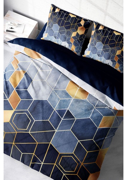 Lastikli Çarşaflı %100 Pamuk Saten Çift Kişilik Nevresim Takımı Arty Blue