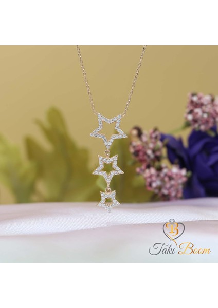 Beyaz Taşlı Sallantılı 3'lü Yıldız Gümüş Kolye