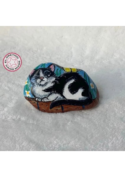 Taş Sevimli Kedi ve Kuş Figürlü Dekoratif Obje - 10 x 7 cm