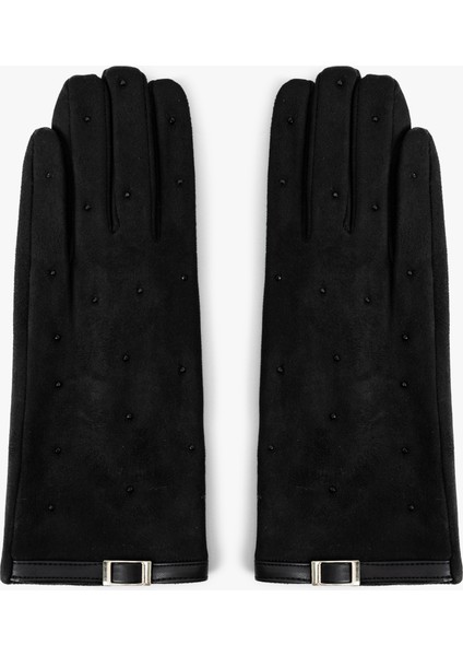 Süet Görünümlü Eldiven Boncuklu Kemer Detaylı