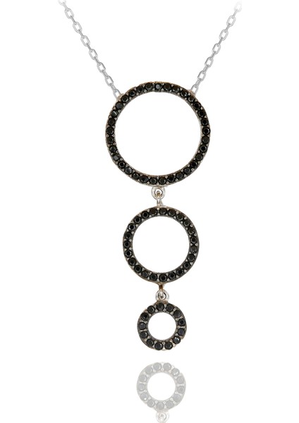 Siyah Taşlı Sallantılı 3 Lü Yuvarlak Gümüş Kolye