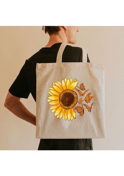Ayçiçeği ve Kelebek Baskılı Bez Çanta